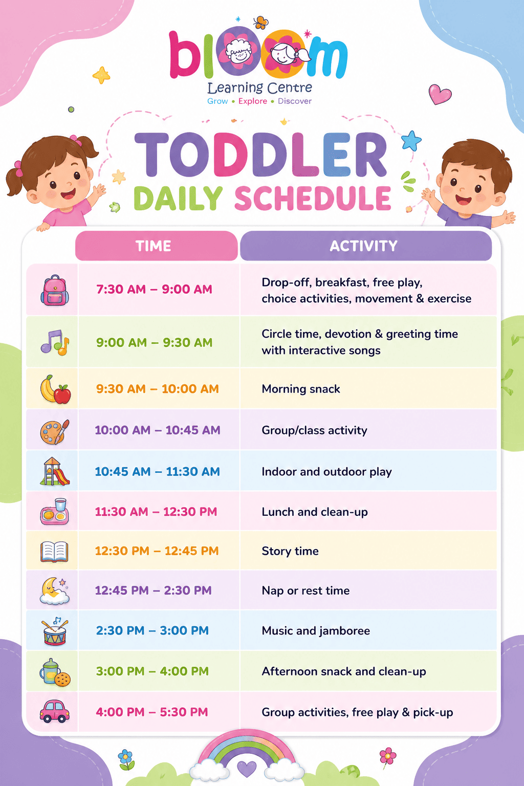 Toddler daily schedule at Bloom